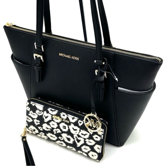 Michael Kors Large Charlotte Tote Bag & Large Continental Wallet Wristlet Black - Picture 10 of 15